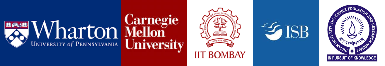 Research collaboration logos for Wharton, Carnegie Mellon University, IIT Bombay, ISB, and IISER Mohali