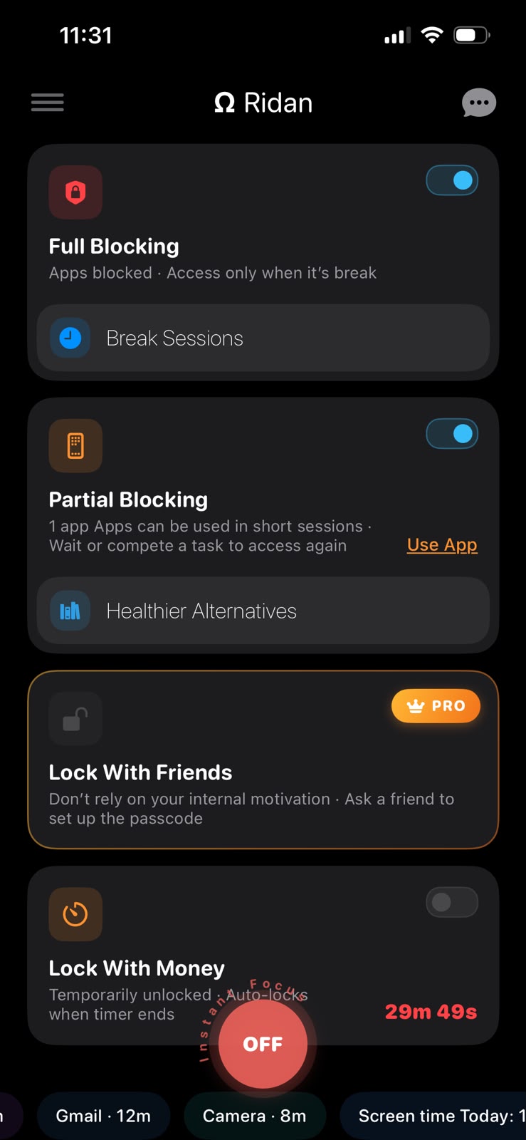 Real Ridan app screen showing full and partial blocking controls