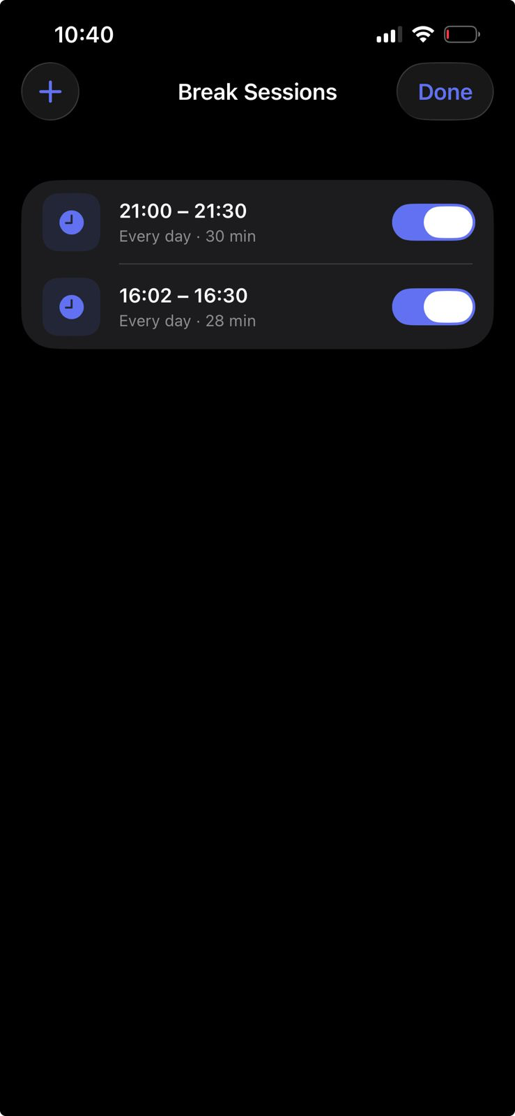Break sessions and leisure scheduling screen