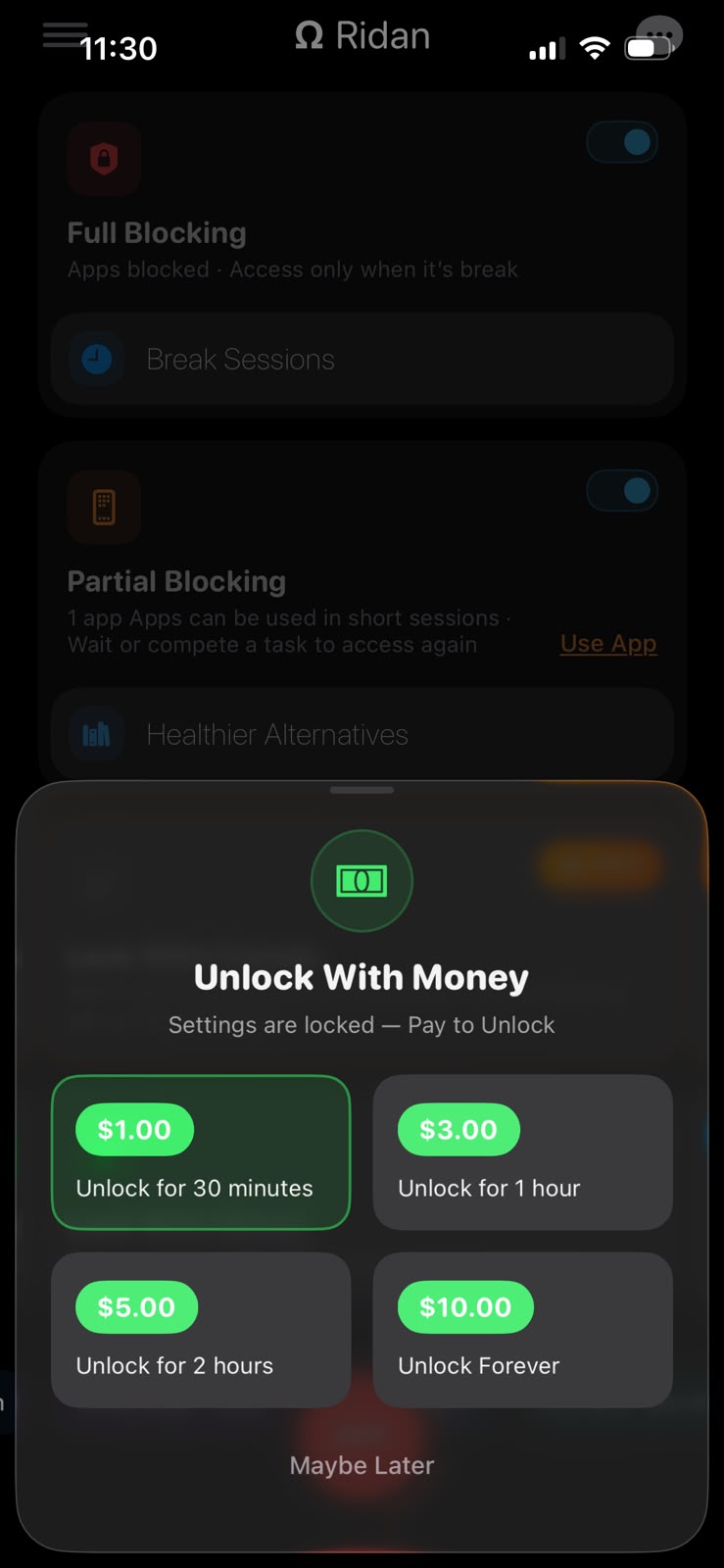 Real Ridan app screen showing the money lock flow